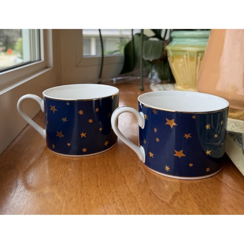 Vtg Sakura 14K Gold Celestial Galaxy Blue Mug Set 2 Stars Cobalt Dinnerware EUC